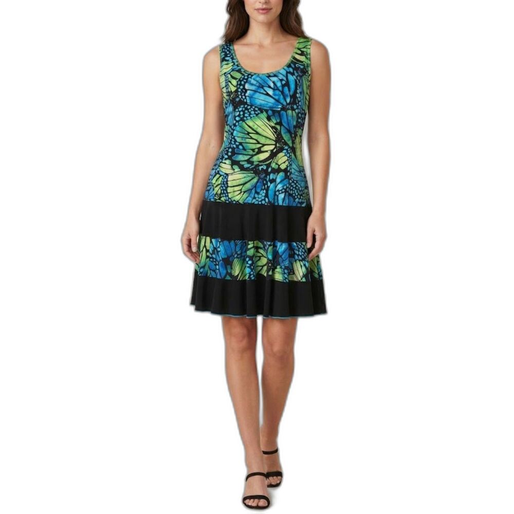 Joseph Ribkoff Butterfly Print Sleeveless Tiered Dress Sz 10 Jersey Knit Stretch